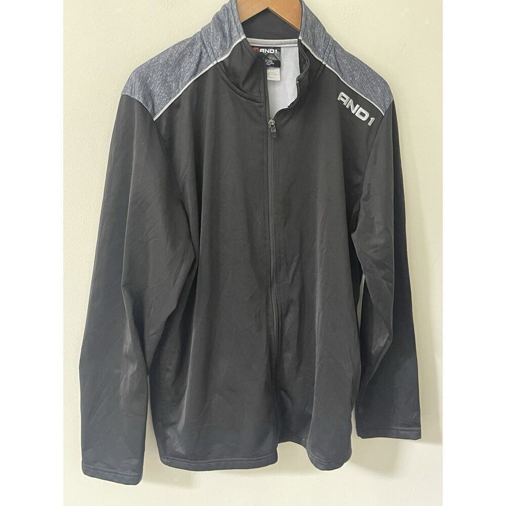 AND1 Men Full Zip Jacket Size Large Black Gray Athletic Basketball Long Sleeve